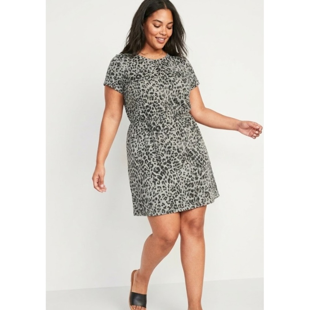 New Old Navy Waist-Defined Slub-Knit T-Shirt Dress size XL Leopard Animal Print